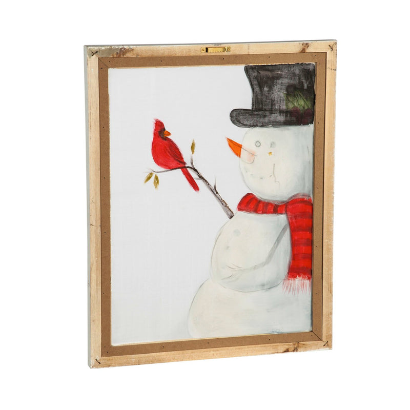 Snowman with Cardinal Hand Painted Screen Wood Frame Wall Décor, 16"W x 20"H,3wp825