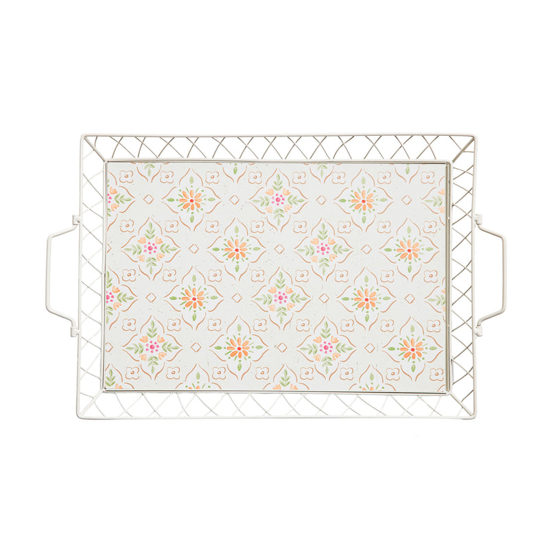 21" Tray with Metal Wire Border, Birds in Blooms,3wtm9863