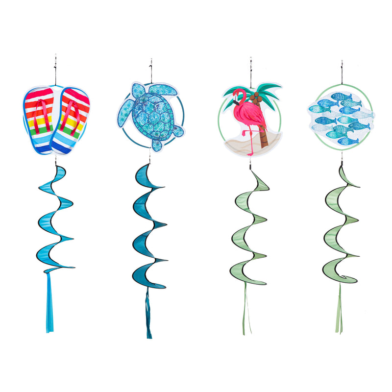 Coastal Wind Spinner, 4 Asst: Flamingo/Turtle/flipflops/School of Fish,45535