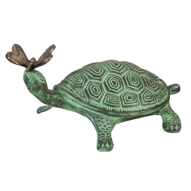 14"L Verdigris Metal Garden Statuary, Turtle and Butterfly,47m2104