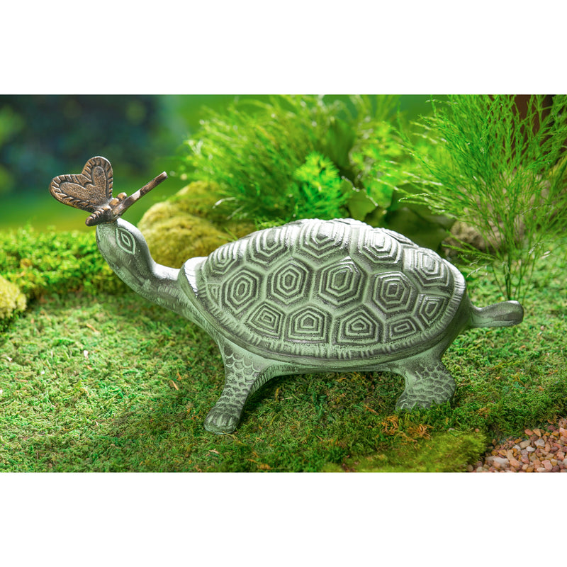 14"L Verdigris Metal Garden Statuary, Turtle and Butterfly,47m2104