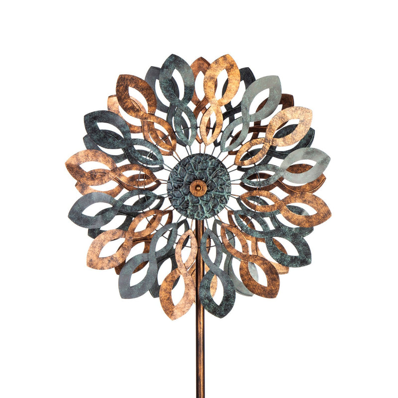 Evergreen Wind,Wind Spinner, copper and verdigris petals,24x10.25x75 Inches