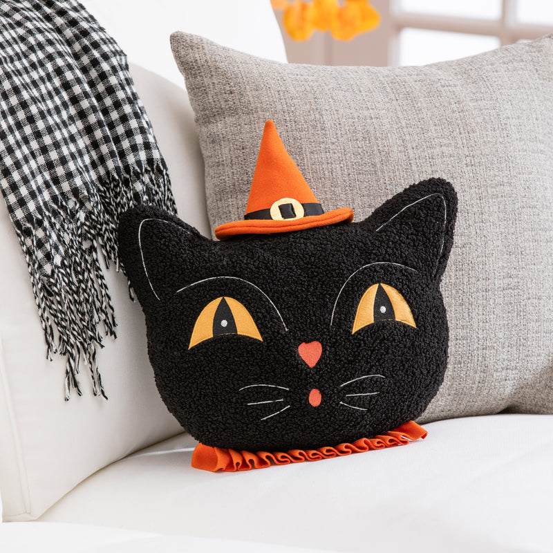 13" Shaped Pillow with Embroidering, Black Cat with Witches Hat,4sp36005