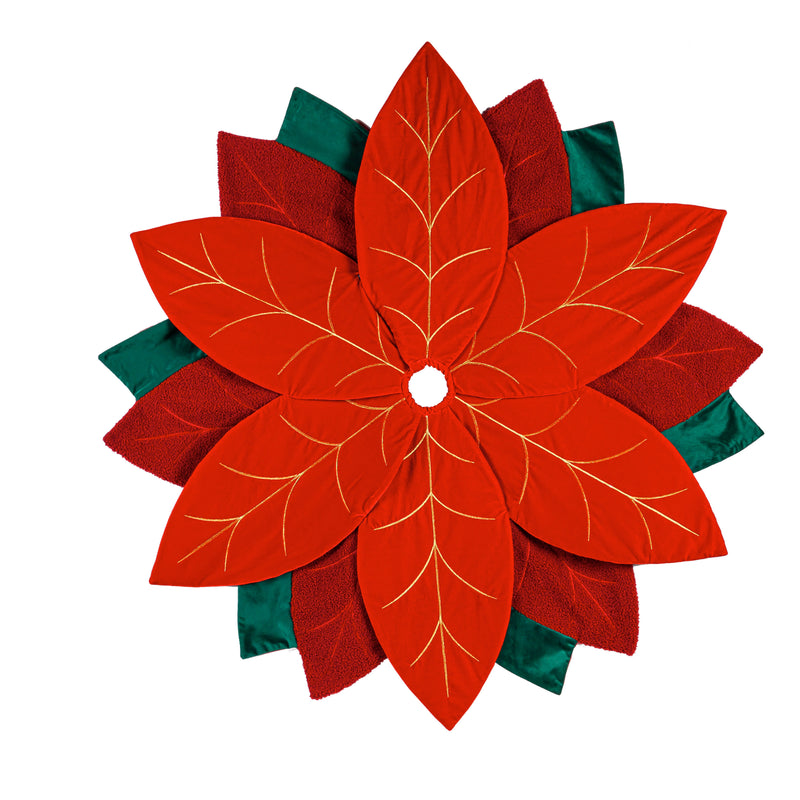 Evergreen Holiday Decorations,48" Fabric Shaped Tree Skirt with Embroidered Detail, Poinsettia,48.5x48.5x0.25 Inches