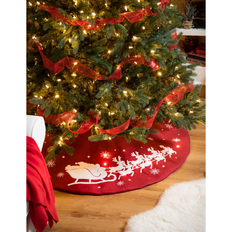 Evergreen Holiday Decorations,47" Fabric Tree Skirt with Embroidered Detail and LED, Santa Sleigh,47x47x0.75 Inches