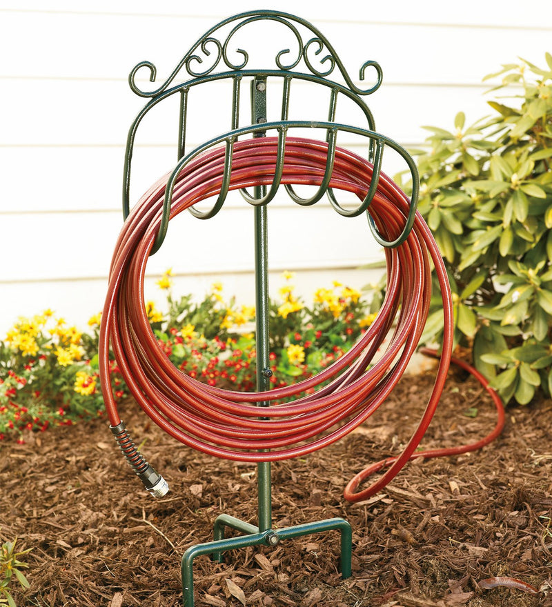 Evergreen Garden Tools & Supplies,Wrought Iron Hose Holder with Ground Stake - Green,15.5x7x37.5 Inches