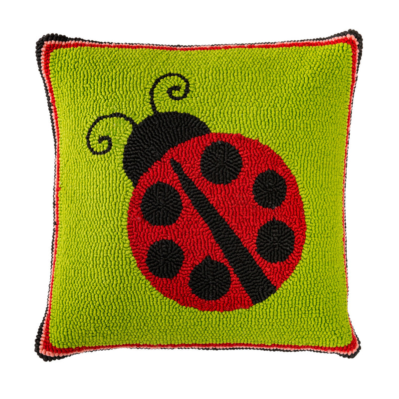 Indoor/Outdoor Hooked Polypropylene Ladybug Throw Pillow 18"x18",53d94