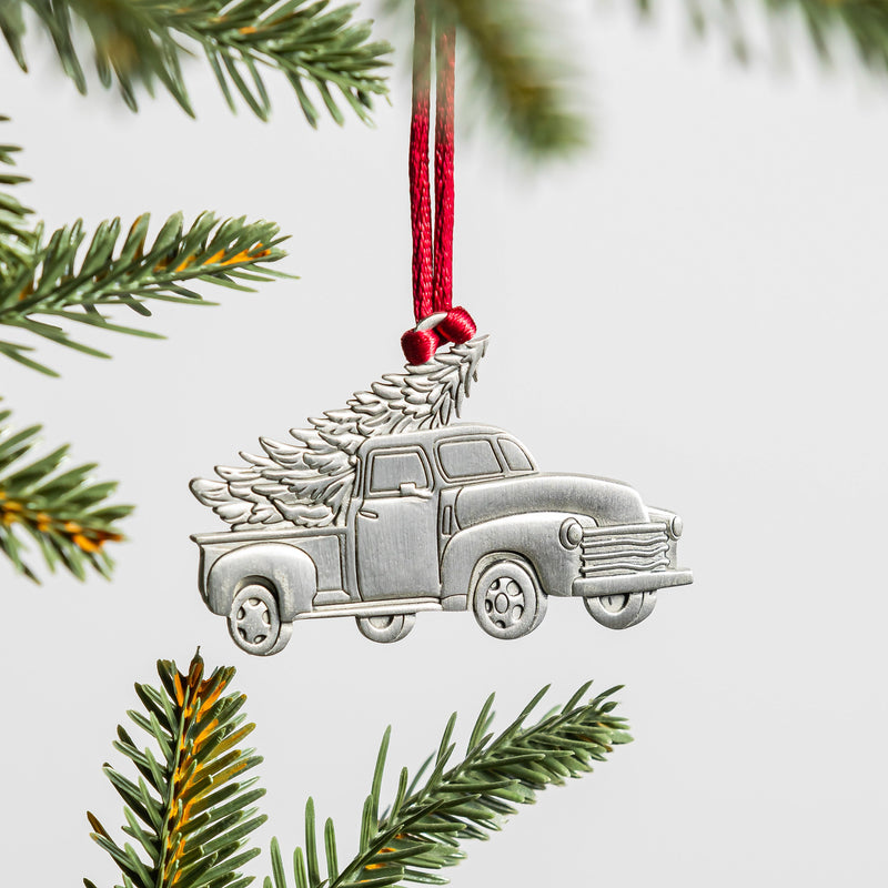 Evergreen Holiday Decorations,Solid Pewter Christmas Tree Ornament - Truck with Tree,2.61x0.15x2.88 Inches