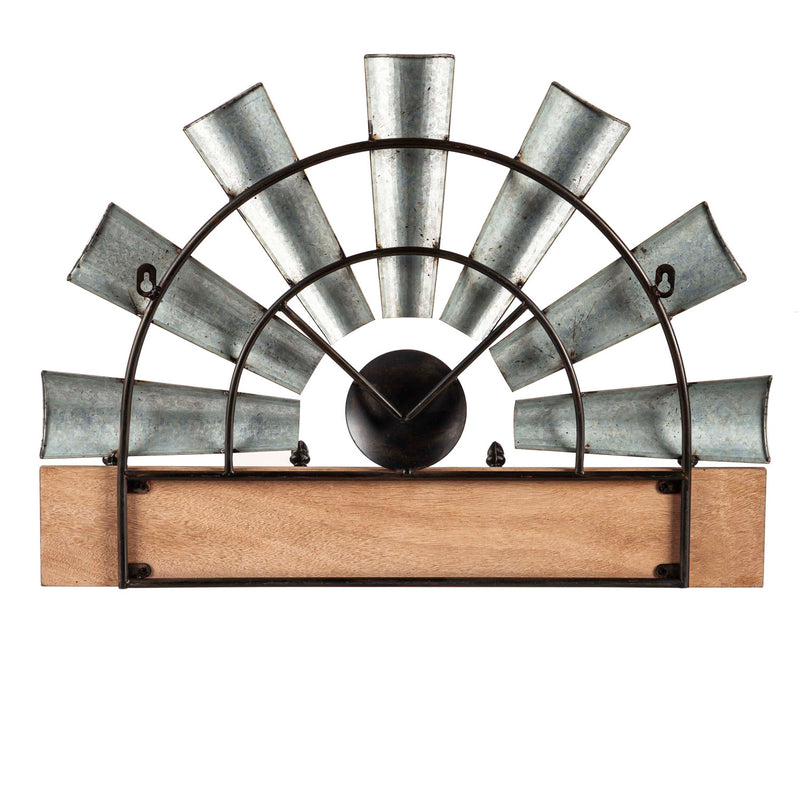 Evergreen Indoor Furniture,Galvanized Metal Windmill and Wood Hanging Wall Hooks,23.6x3.9x16.9 Inches