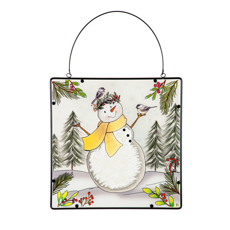 16" H x 16" L Snowman & Chickadees Hanging Glass Wall Art,6awd884