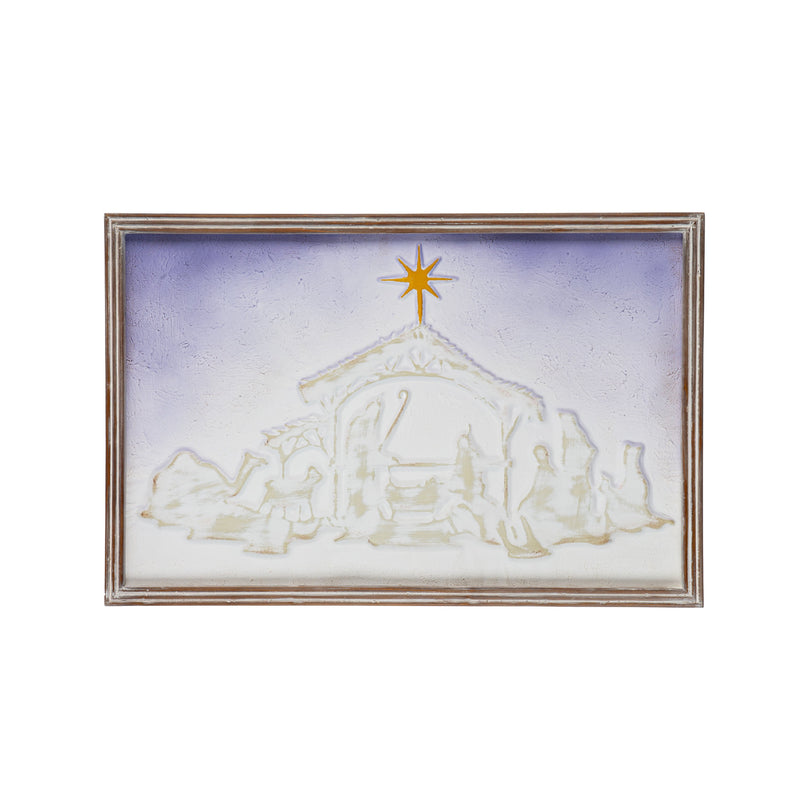 Metal Embossed Wall Décor with Wooden Frame, Nativity Scene,6awd982