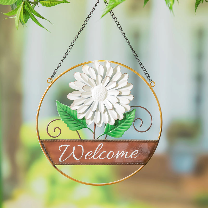 12" Round Floral Hanging Garden Sign with Chain , 3 Asst,6m779