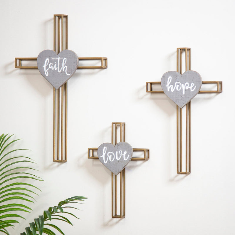 Crosses with Inspirational Words Wall Decor, Set of 3, Faith, Love, Hope,6m846