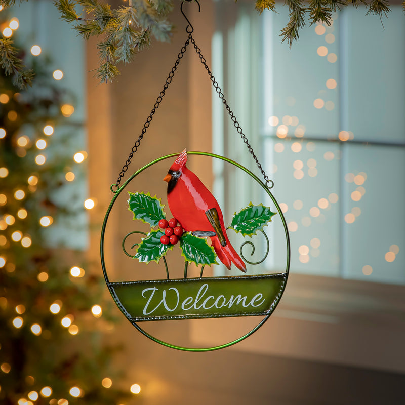 12" Hanging Christmas Metal Sign, Cardinal & Poinsettia,6m904