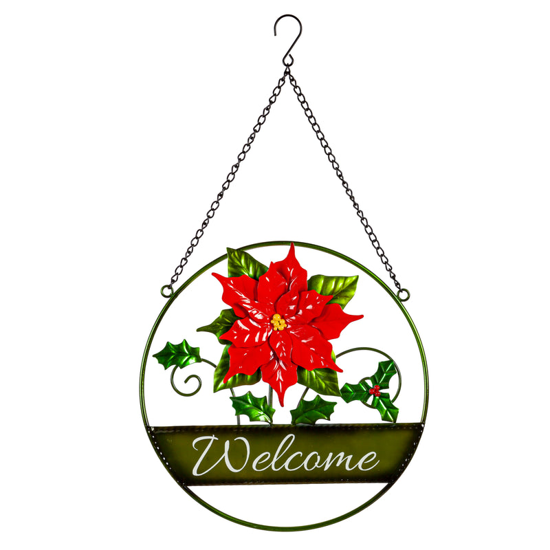 12" Hanging Christmas Metal Sign, Cardinal & Poinsettia,6m904