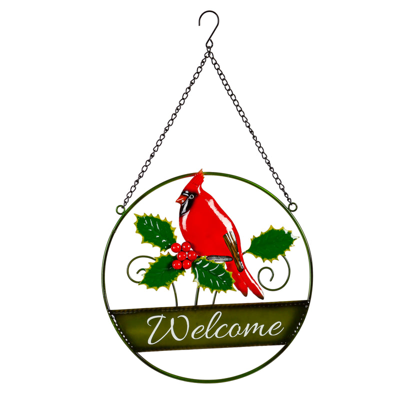 12" Hanging Christmas Metal Sign, Cardinal & Poinsettia,6m904