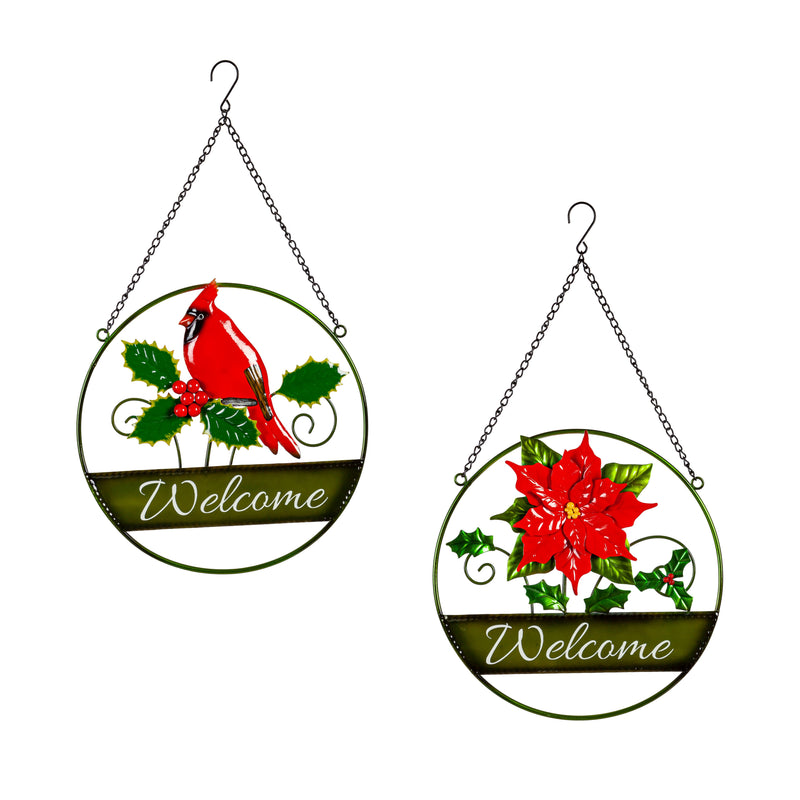 12" Hanging Christmas Metal Sign, Cardinal & Poinsettia,6m904