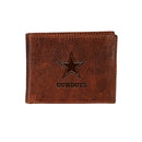 Dallas Cowboys, Embossed 100% Genuine Tumbled Leather Passcase Bi-Fold Wallet, Brown
