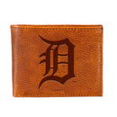 Detroit Tigers, Embossed 100% Genuine Tumbled Leather Passcase Bi-Fold Wallet, Brown