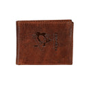 Pittsburgh Penguins, Embossed 100% Genuine Tumbled Leather Passcase Bi-Fold Wallet, Brown