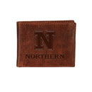 Northern State University, Embossed 100% Genuine Tumbled Leather Passcase Bi-Fold Wallet, Brown
