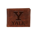 Yale University, Embossed 100% Genuine Tumbled Leather Passcase Bi-Fold Wallet, Brown