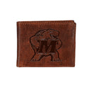 University of Maryland, Embossed 100% Genuine Tumbled Leather Passcase Bi-Fold Wallet, Brown