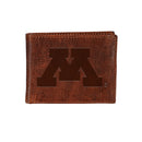 University of Minnesota, Embossed 100% Genuine Tumbled Leather Passcase Bi-Fold Wallet, Brown