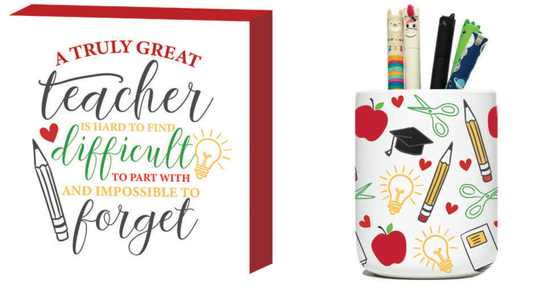 Evergreen Gifts,Ceramic Pencil Holder and Wood Tabletop Sign Set, A truly great teacher,4x1x4 Inches