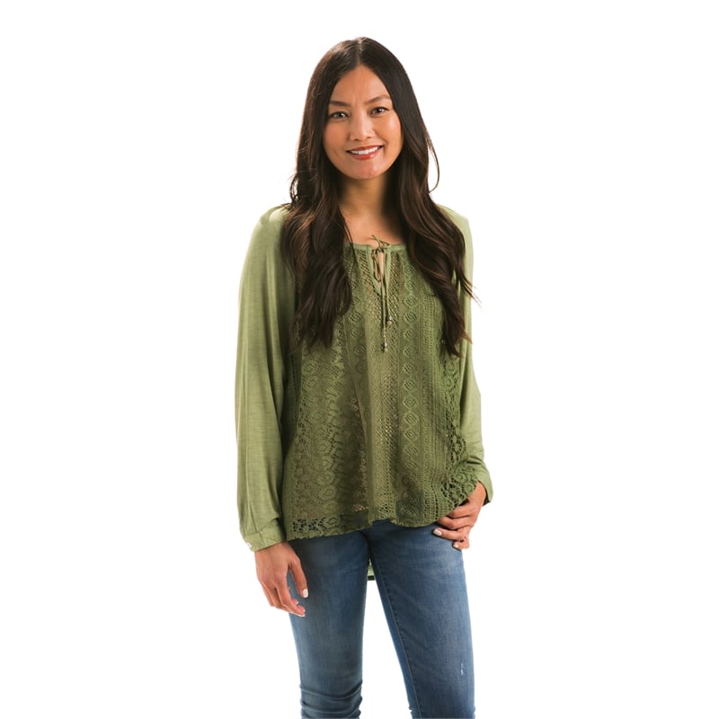 Lace 3/4 Length Sleeve Peasant Top, Green,7tp246