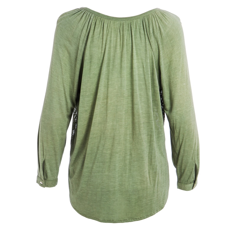 Lace 3/4 Length Sleeve Peasant Top, Green,7tp246