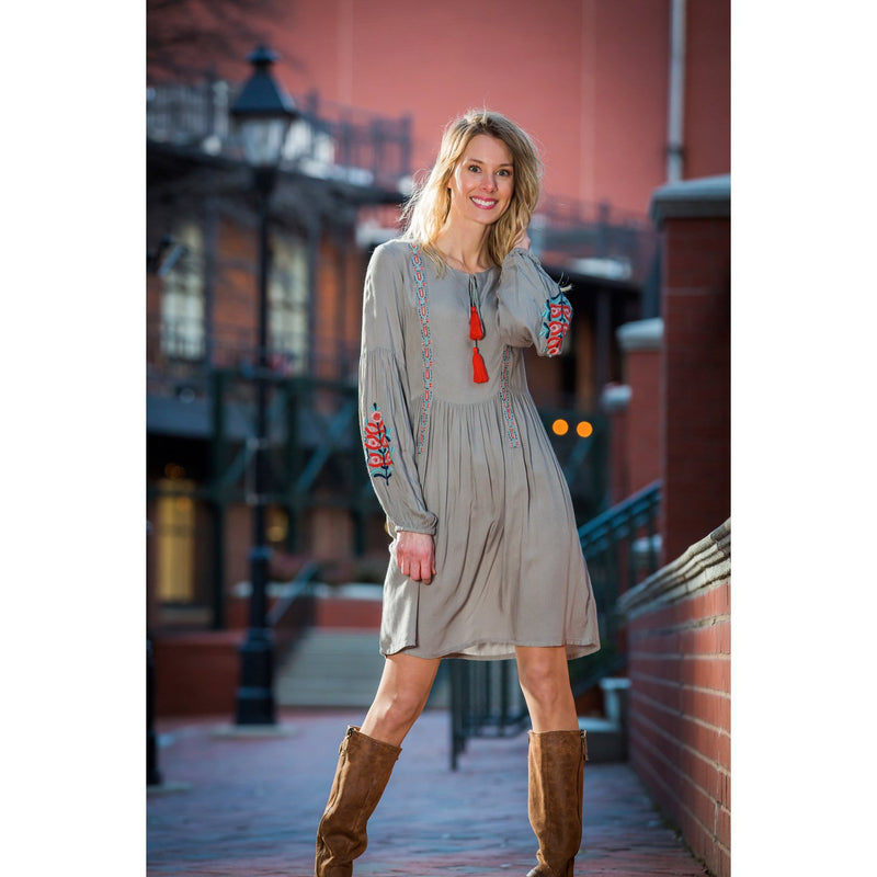 Boho Embroidered Tunic Dress, Gray,7tun158