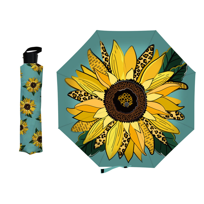 Evergreen Gifts,Leopard Sunflower Compact Manual Umbrella,38.2x38.2x22.44 Inches