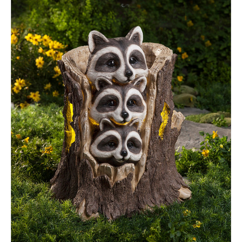 Evergreen Statuary,Solar Three Raccoons in a Stump Sculpture,14.5x14.5x17.5 Inches