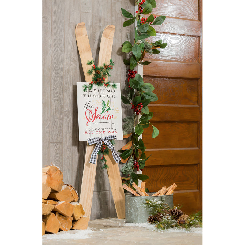 Evergreen Holiday Decorations,44.5"H Wooden Ski with Artificial Holiday Porch Décor,11.81x2.36x44.5 Inches