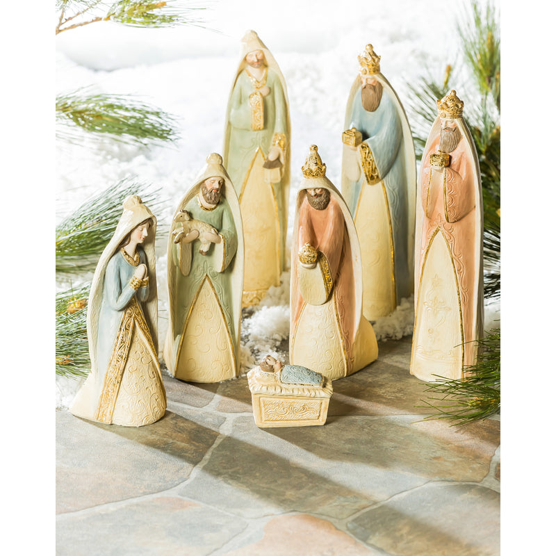 Evergreen Statuary,Gilded Nativity Scene, Set of 7,3.15x11.81x2.76 Inches