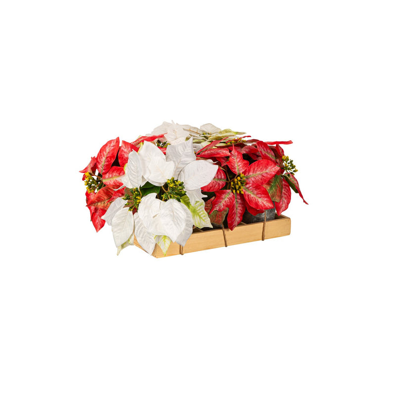 Pink and White Faux Poinsettia in Galvanized Pot, in Wooden Crate,8flp336