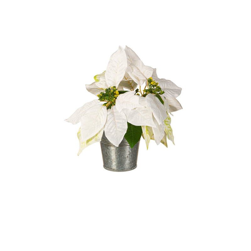 Pink and White Faux Poinsettia in Galvanized Pot, in Wooden Crate,8flp336