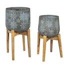 Nested Snowflake Stamped Planter with Wood Stand, Set of 2