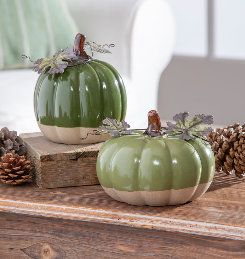 Ceramic Pumpkin with Metal Leaf Tabletop Décor Set,8tac252