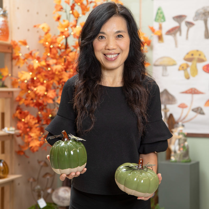 Ceramic Pumpkin with Metal Leaf Tabletop Décor Set,8tac252