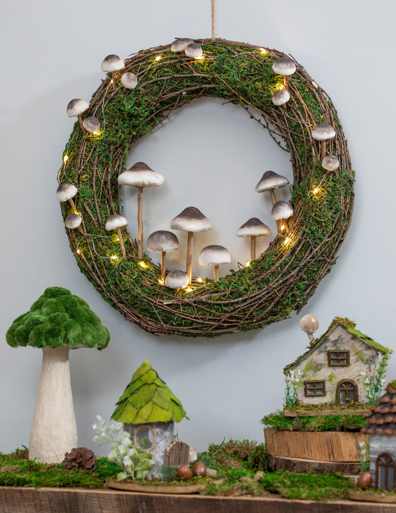 Rattan Mushroom Wreath With Lights,8wr339