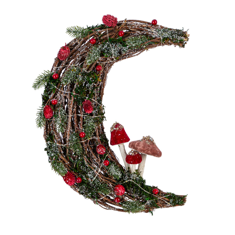 21" LED Cresent Moon Velvet Mushroom Wreath,8wr354