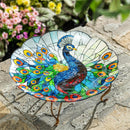 Cottage Garden Birdbath, Glass Peacock-Stained Glass Look, 18"