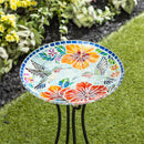 Cottage Garden Birdbath, Glass Hummingbird Mosaic Look, 18"