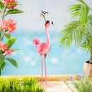 Tropical Oasis Garden Statue, Metal Flamingo Garden Statue with Black Stripe Umbrella, 25"H