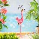Tropical Oasis Garden Statue, Metal Flamingo Garden Statue with Black Stripe Umbrella, 25"H