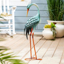 Seaside Retreat Garden Statue, Metal Aqua Blue Heron Statue, Looking Down, 35"H