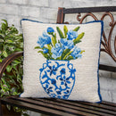 Chinoiserie Bloom Blue Floral Indoor/Outdoor Hooked Pillow 18"x18"