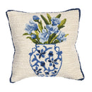 Chinoiserie Bloom Blue Floral Indoor/Outdoor Hooked Pillow 18"x18"